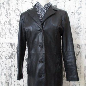 Adler~Black Leather Button Down Coat